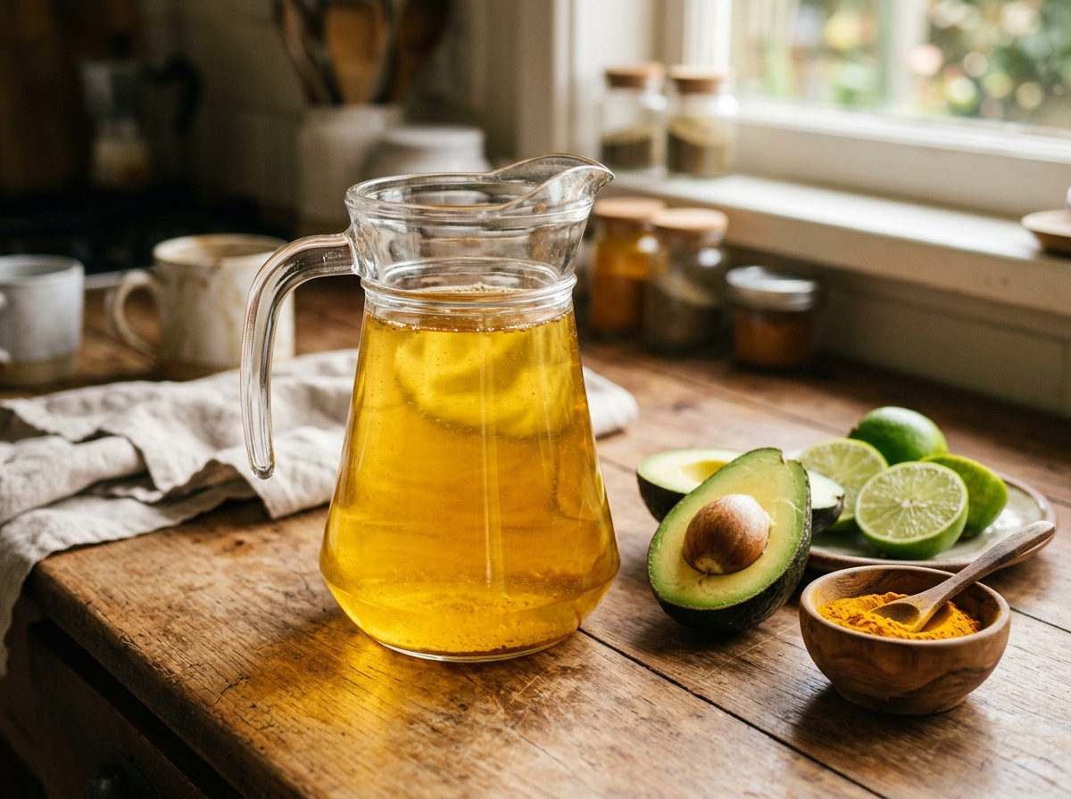 Ingredientes Caseros: Aguacate con Semilla, Limón, Cúrcuma y Jarra con la Receta